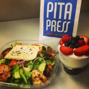 Gluten-free salad and Greek yogurt from Pita Press
